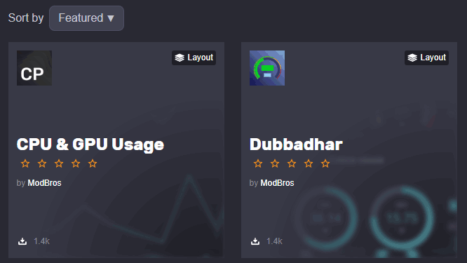 The MoBro marketplace showing plugins, widgets and layouts