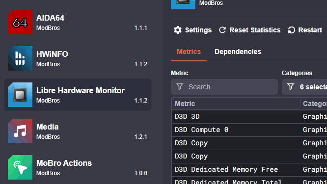 Installed MoBro plugins — AIDA64, HWiNFO, LibreHardwareMonitor and more